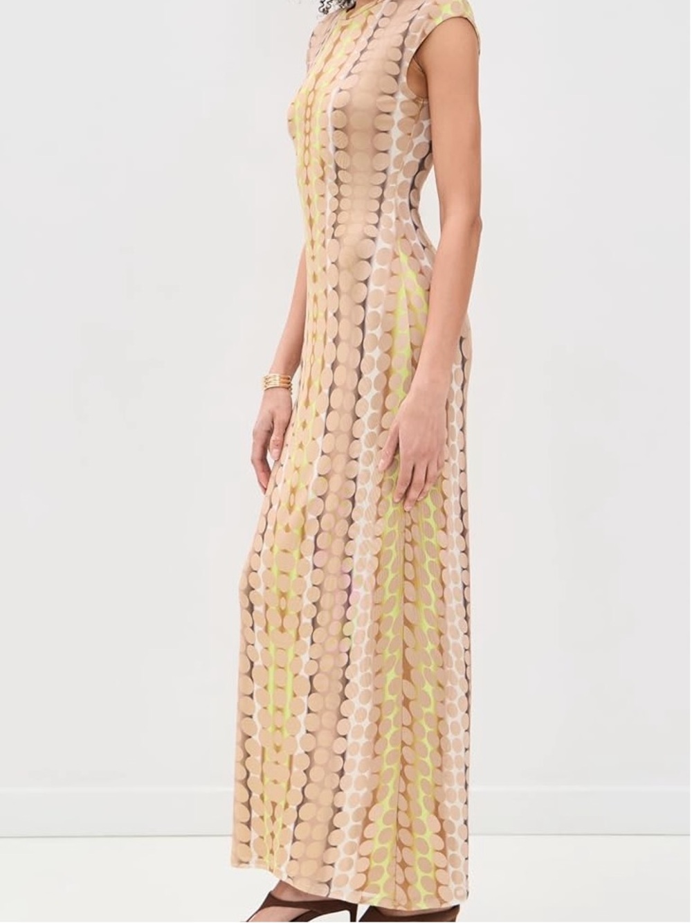 AFRM Cody Beige Maxi Dress with Lime Dot Pattern Sz Small